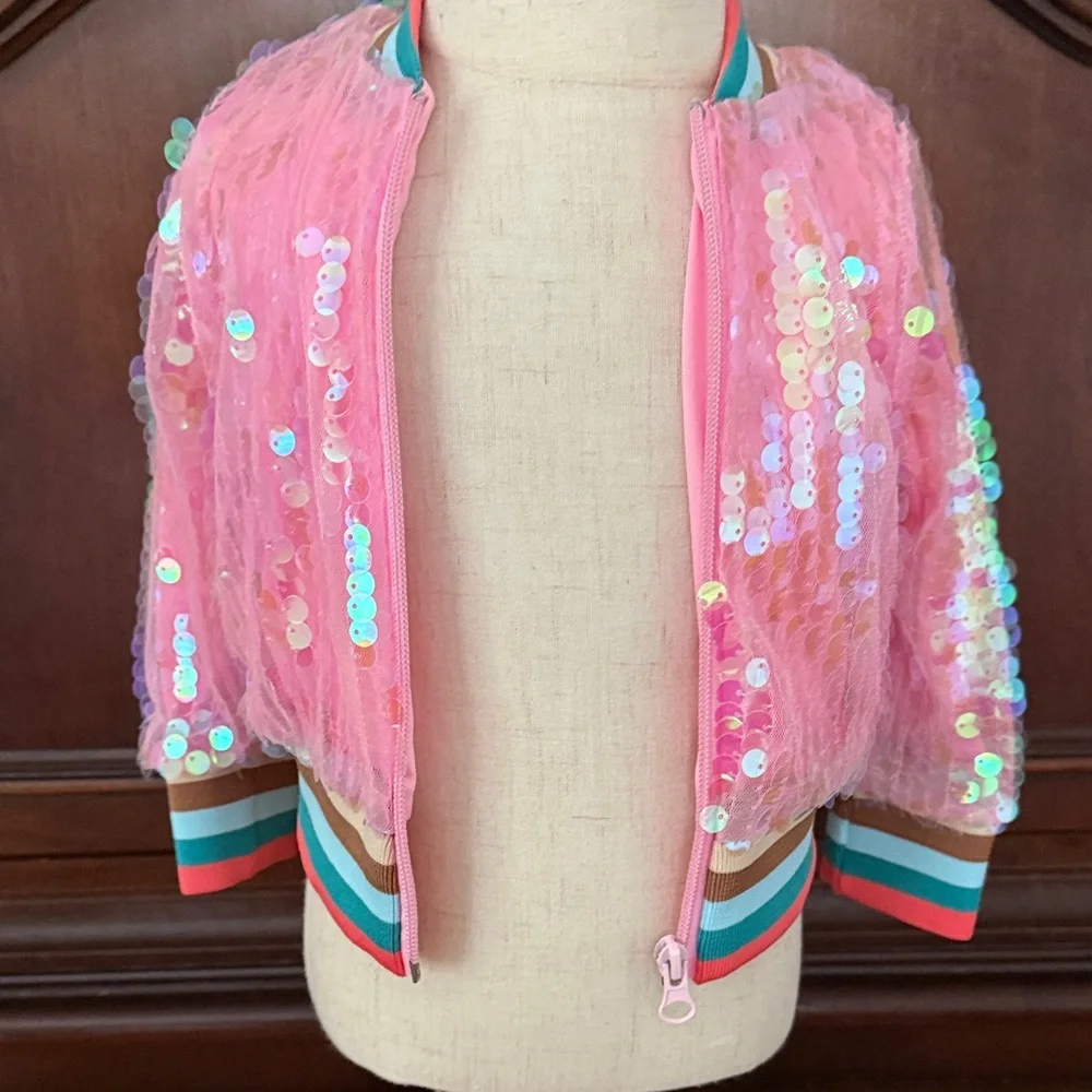 Marie Nicole Pink Iridescent Sequin Bomber Jacket Girls Boutique Zip Front
